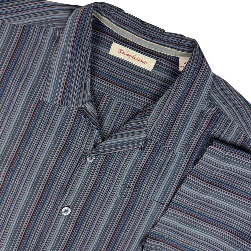 Tommy Bahama Silk Shirt Men XL Blue Striped Camp Collar Hawaiian Beach Old Money